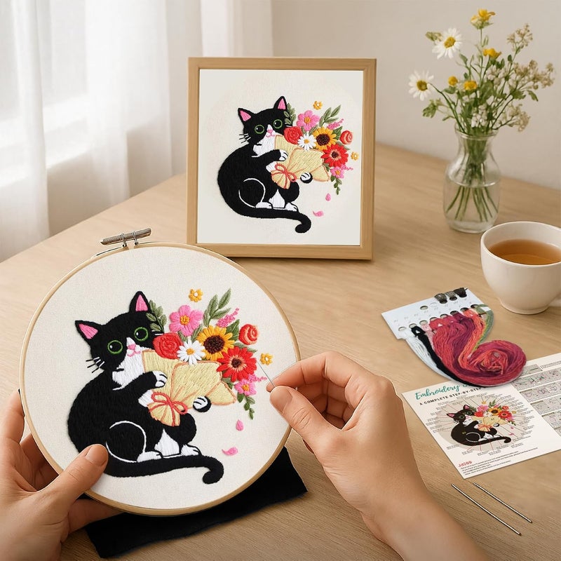 Nuberlic Black Cat Flowers Embroidery Kits for Beginners, DIY Cross Stitch Starter Craft Kits for Adults Including Cloth with Pattern, Hoop, Needles Instruction and Threads - Image 5